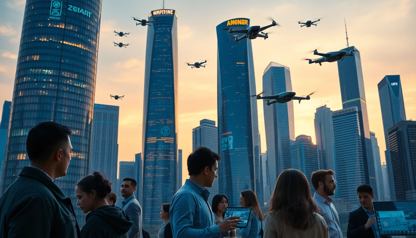 Showcase of innovative Technology in a futuristic urban environment with professionals engaged.