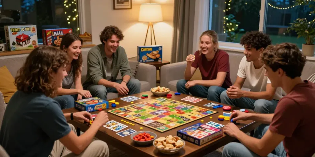 Sildenafil-infused fun during game night with friends showcasing various popular board games laid out on a cozy table.