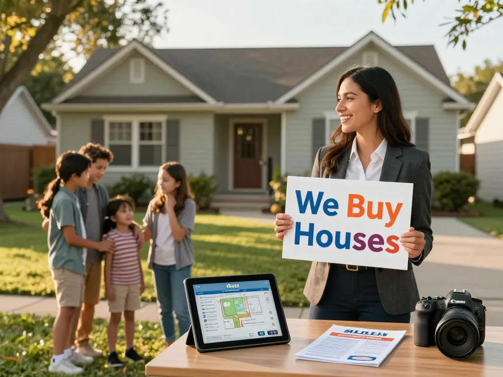Friendly real estate agent holding "We Buy Houses" sign, assisting relieved family outside charming home.