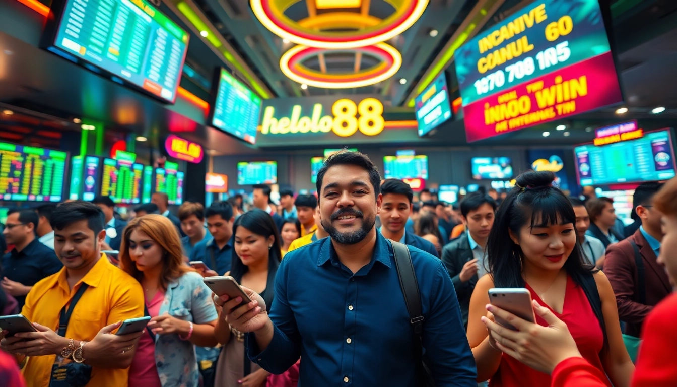 Hello88 vibrant online gambling scene showcasing diverse bettors excitedly engaging with digital platforms.