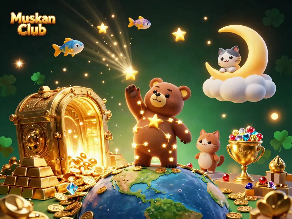 Engage with the Muskan Club atmosphere depicted in a vibrant 3D casino world where characters interact with treasure.