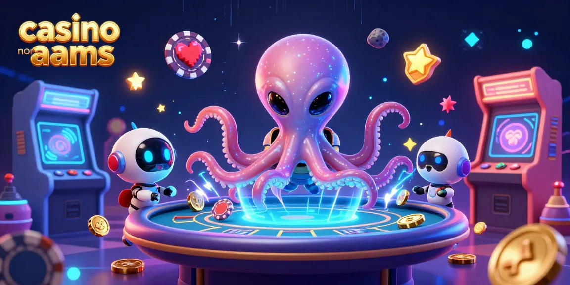 Casinò non AAMS: un polpo alieno che gestisce un tavolo da poker olografico tra luci brillanti e premi galattici.