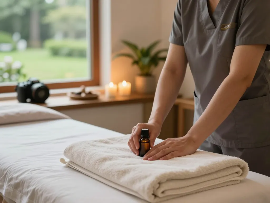 Premium wellness services setup at maxim-anma.net with a professional therapist preparing calming aromatherapy oils and massage essentials.