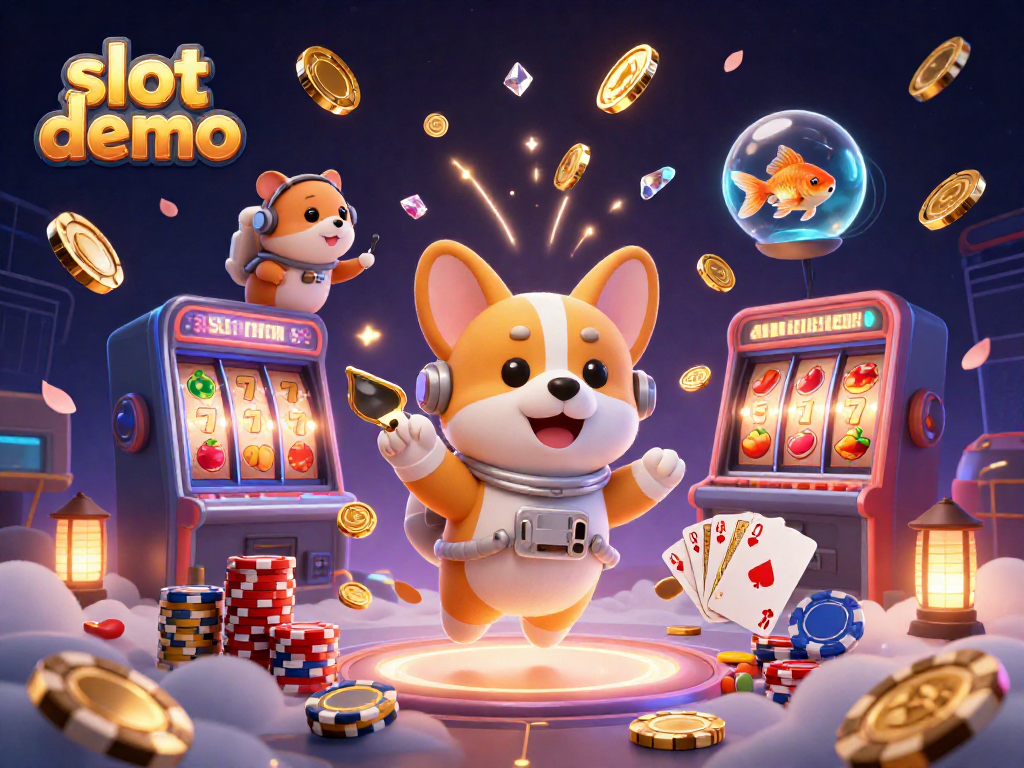 Slot demo memperlihatkan astronot corgi dan karakter kasino mengapung di ruang angkasa.
