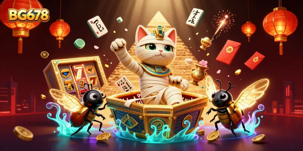Engage with BG678's vibrant gaming experience featuring a mummy cat in a lively casino scene.