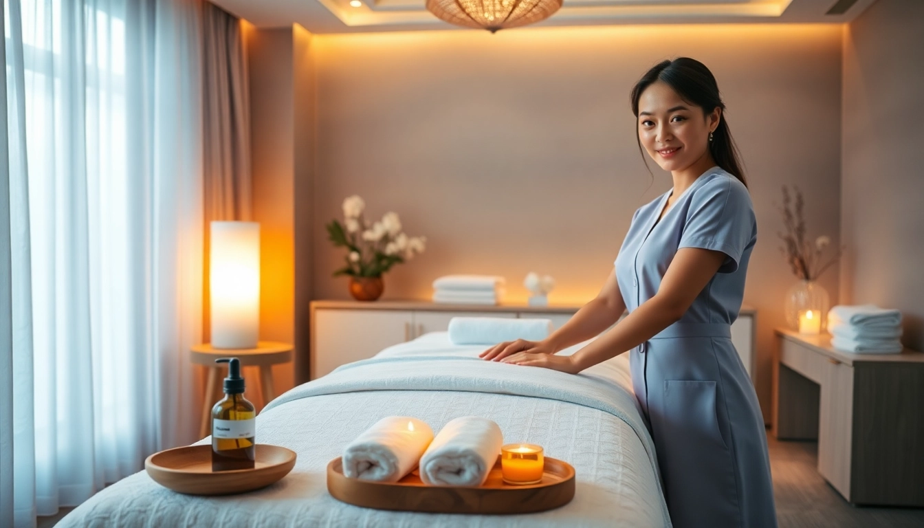 출장 massage therapist preparing in a luxurious spa setting with warm lighting.