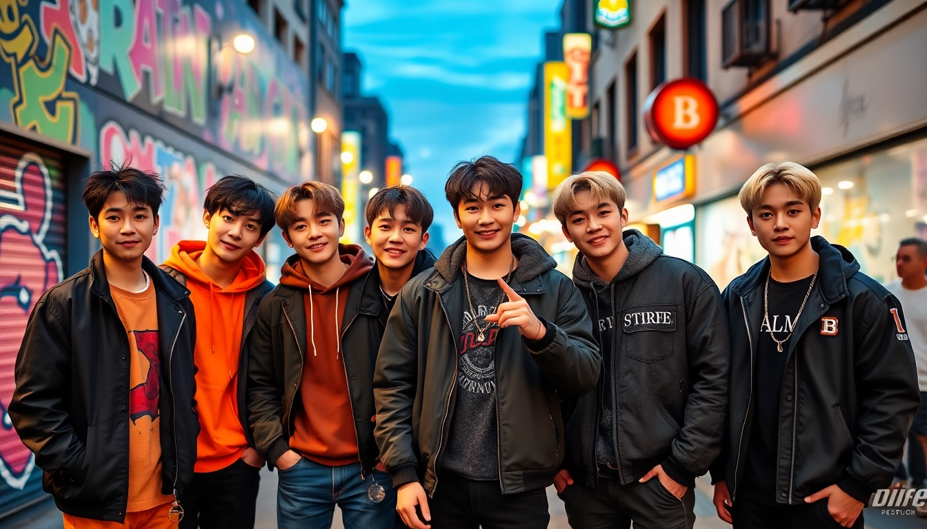 BTS members showcasing their unique personalities in a vibrant urban portrait.