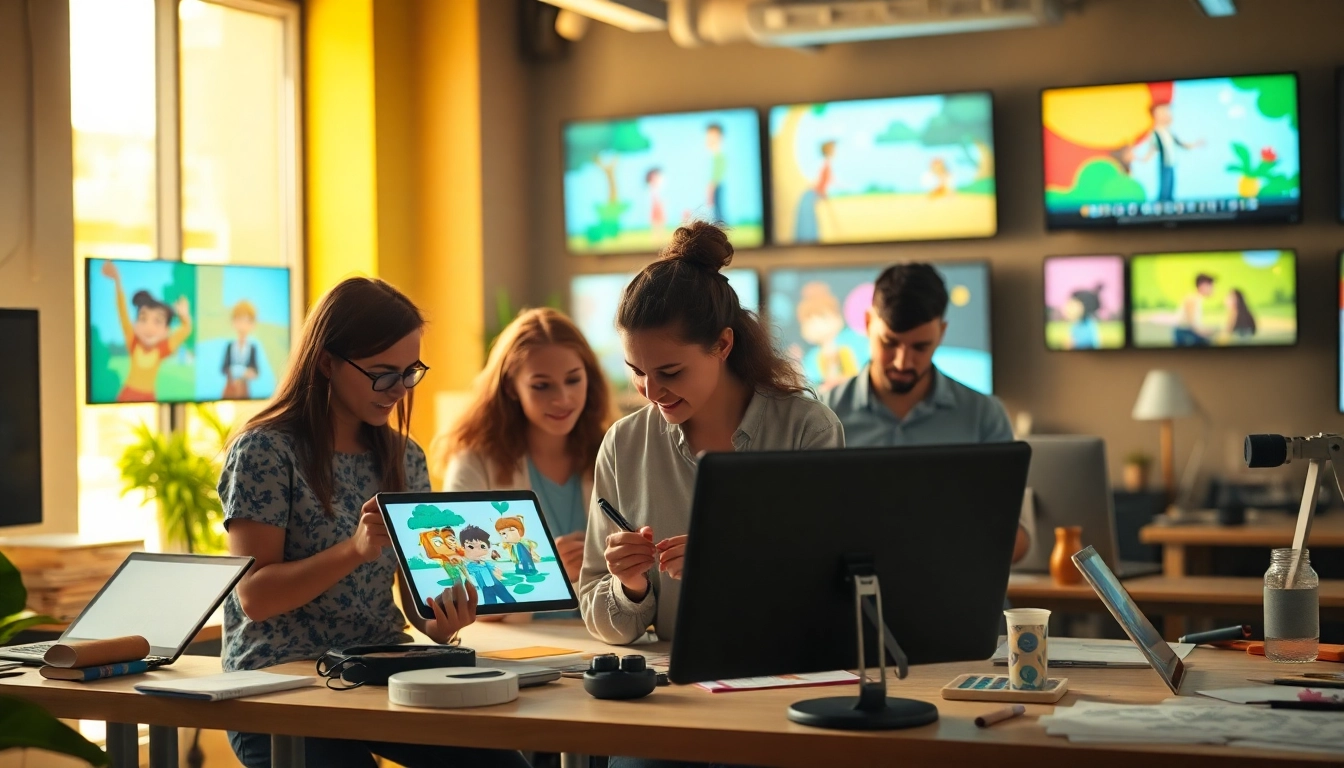 Animation Erstellen in a dynamic studio environment with artists collaborating on designs.