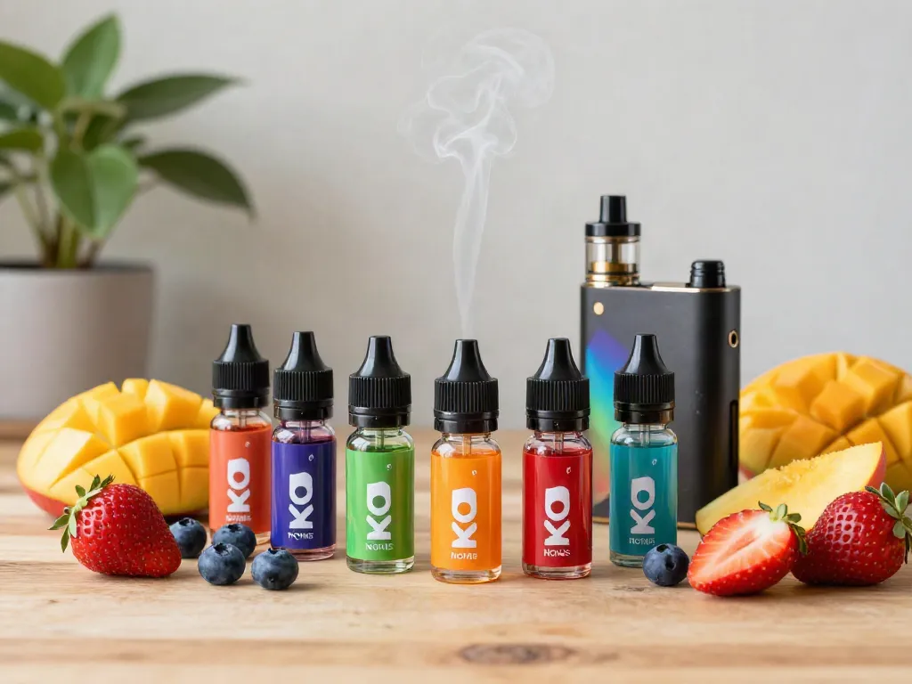 Noms X2 vape juice bottles with fruit slices on wooden table.