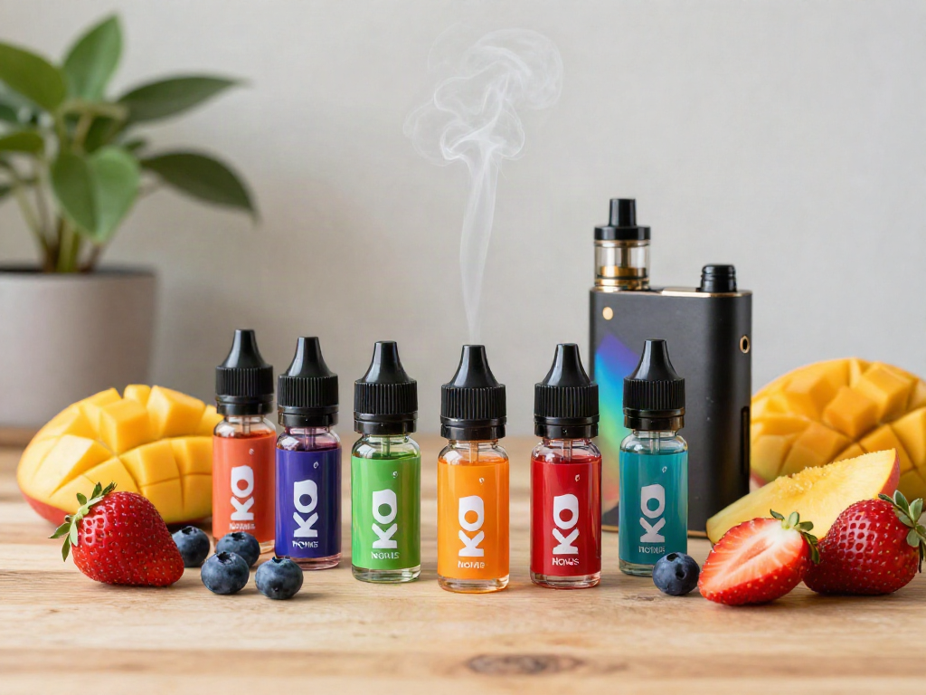 Noms X2 vape juice bottles with fruit slices on wooden table.