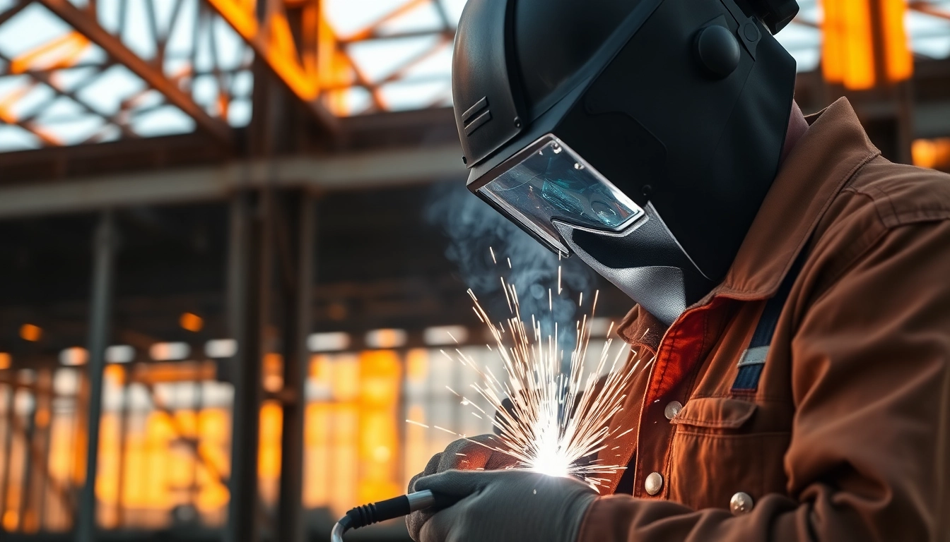 Welder performing structural steel welding, showcasing precision and sparks in an industrial setting.