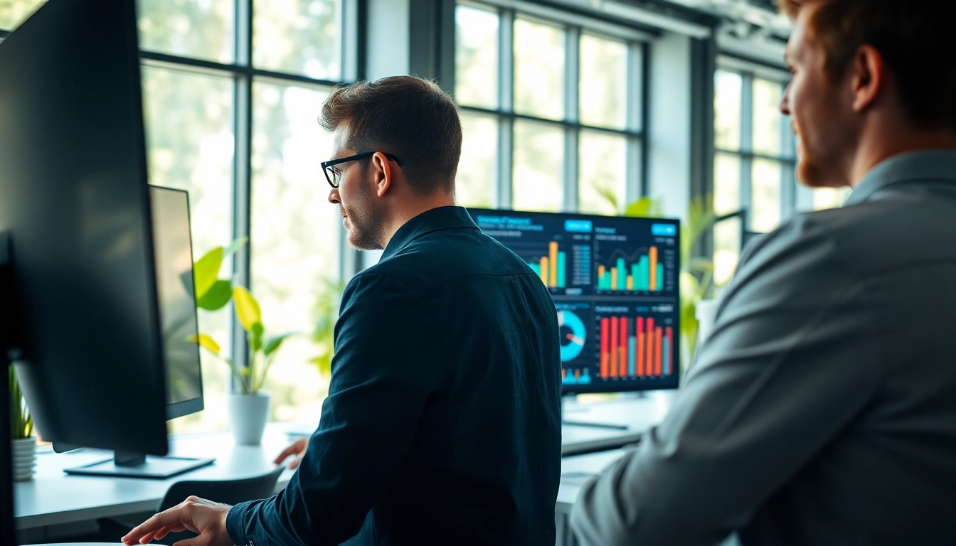 Analyze SEO performance metrics with a technician in a modern office space.