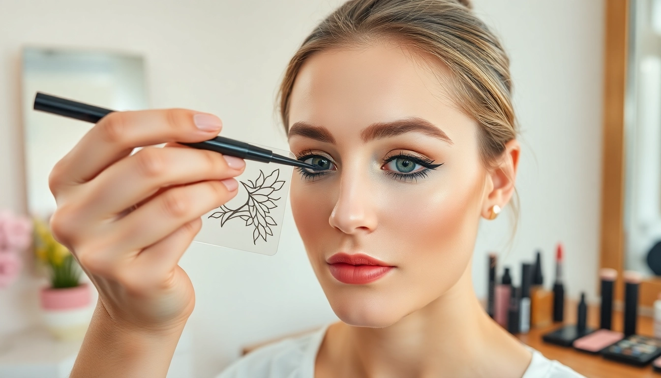 Applying an eyeliner stencil for perfect makeup looks with precision and artistry.