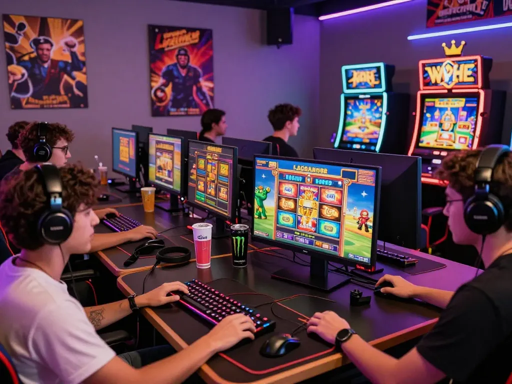 Petualangan gaming LAOBAN188 yang menarik dengan pemain menikmati permainan slot dan grafik berwarna-warni.