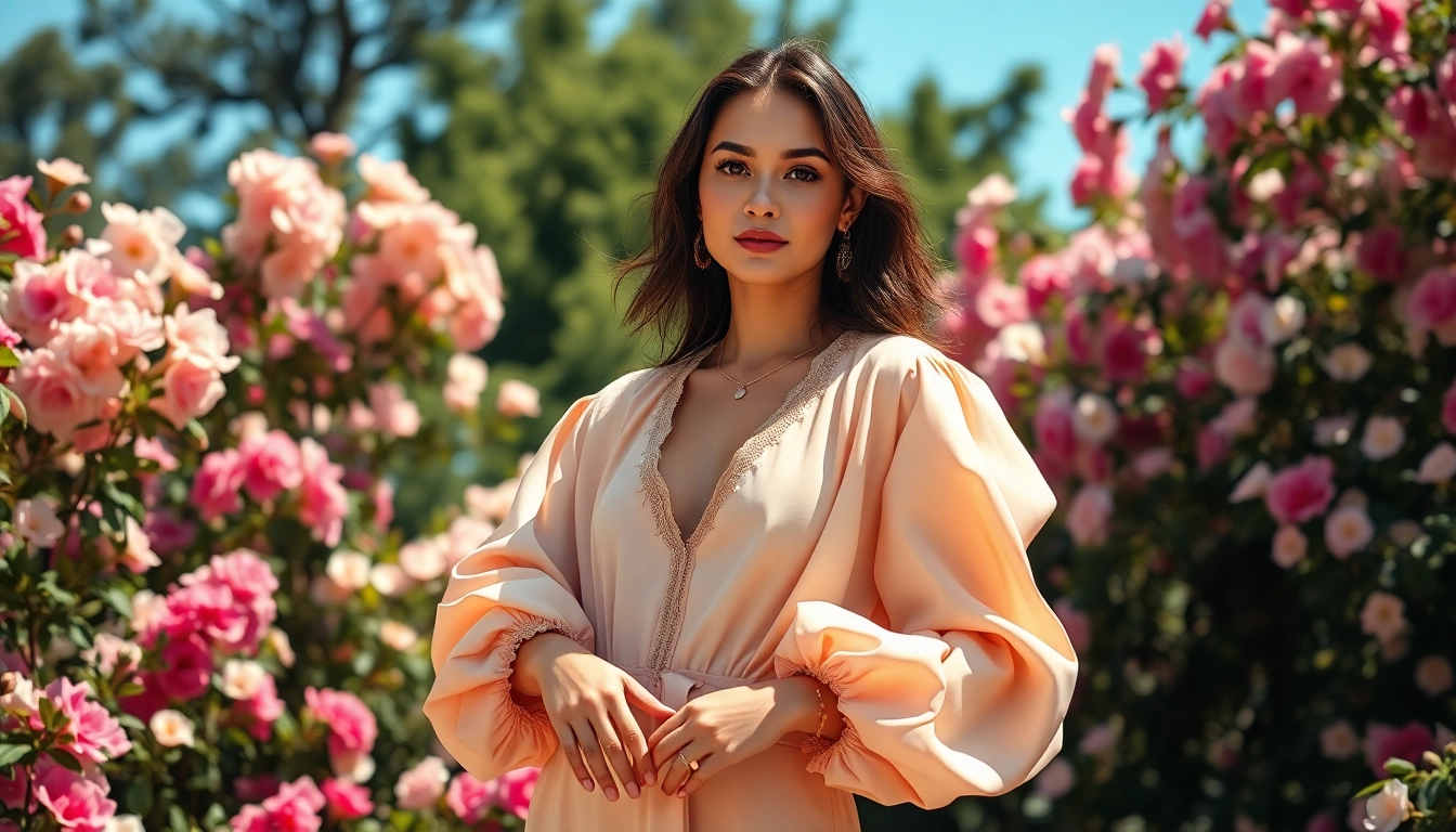Rivelle fashion model elegantly showcasing clothing in a vibrant garden setting.