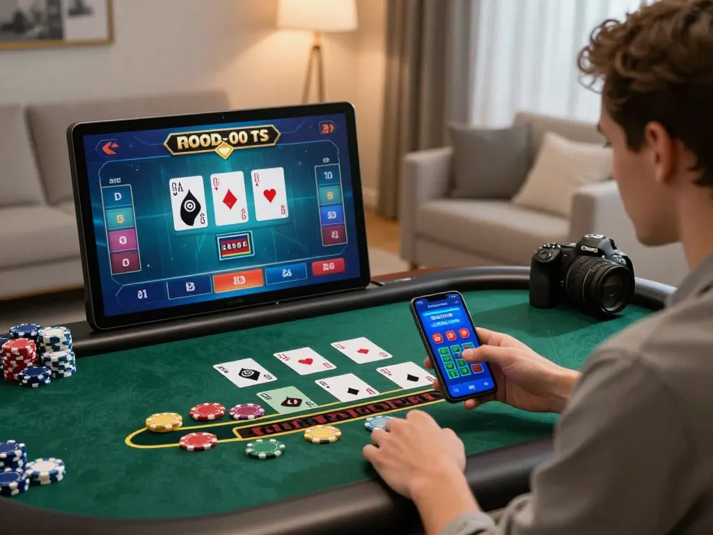 Engaging online 바카라사이트 gaming scene with a player in action, modern setup and immersive atmosphere.