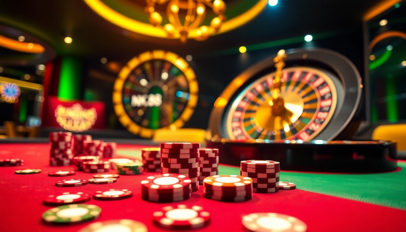 Experience the excitement at NK 88's vibrant casino scene with poker chips and a spinning roulette wheel.
