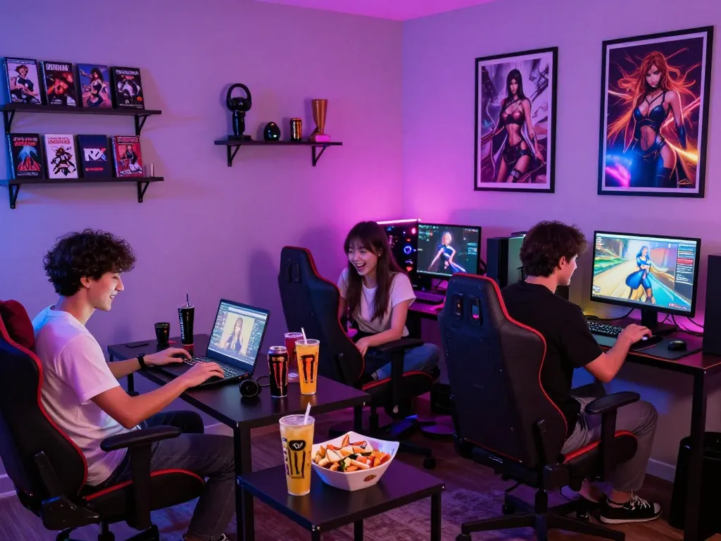 Engaged gamers enjoying degrees of lewdity in a cozy room, surrounded by colorful adult game art.