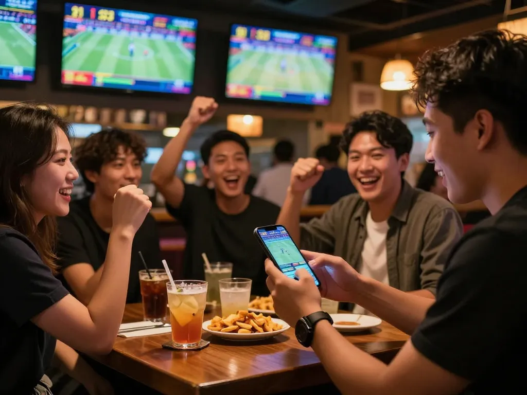 Kèo nhà cái 55 betting enthusiast analyzing live sports odds at a lively bar.