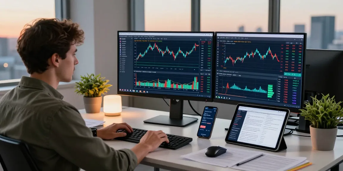 Trader analyzing financial data on MetaTrader 5 in a modern workspace
