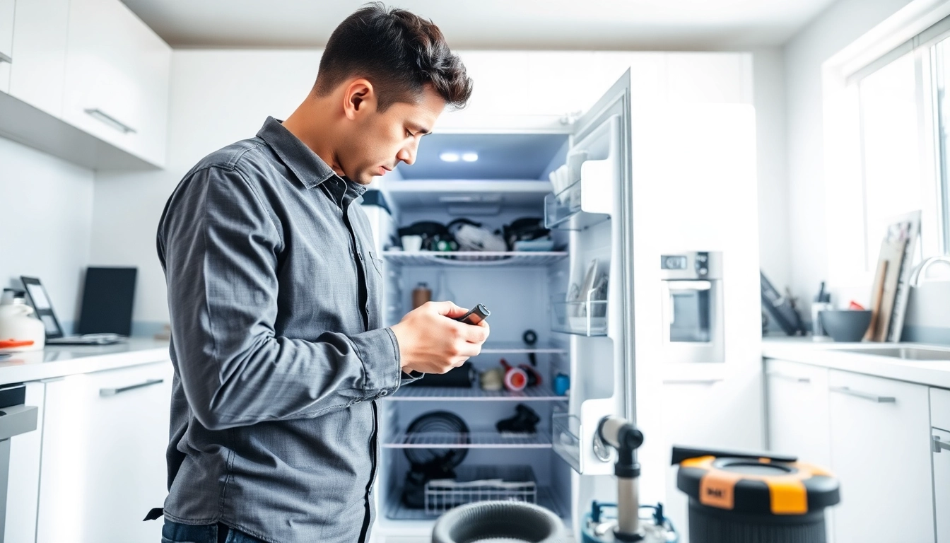 Technician conducting refrigerator repair ottawa with tools in a bright kitchen.