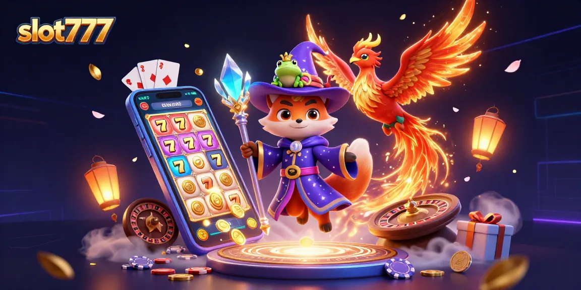 Engaging slot777 scene with a mystical wizard fox, colorful slot game action, and dynamic casino elements.