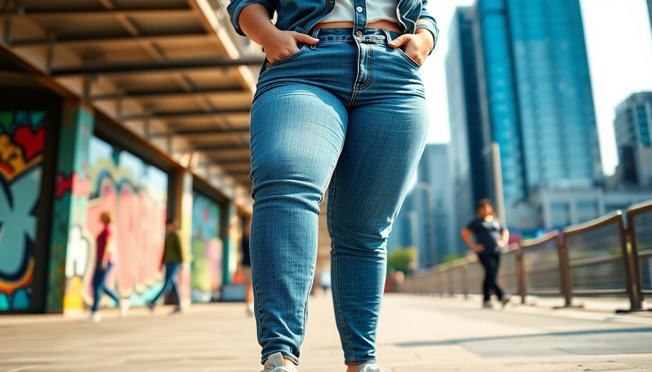 Model wearing plus size high rise jeans against an urban backdrop, showcasing confidence.
