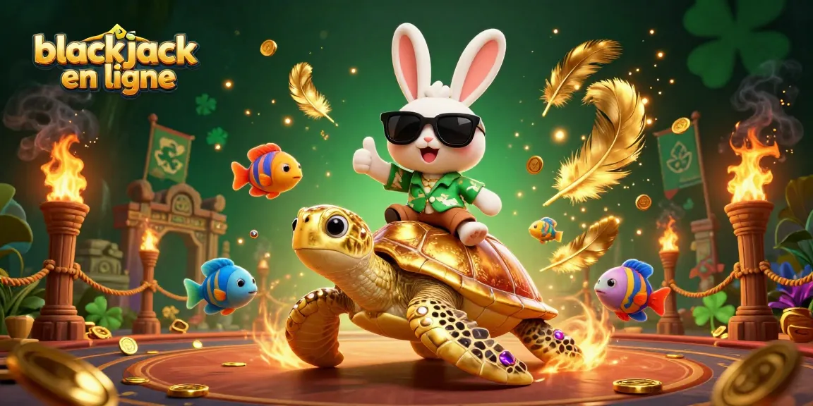 Jouez à blackjack en ligne dans une illustration dynamique avec un lapin chanceux et une tortue dorée.
