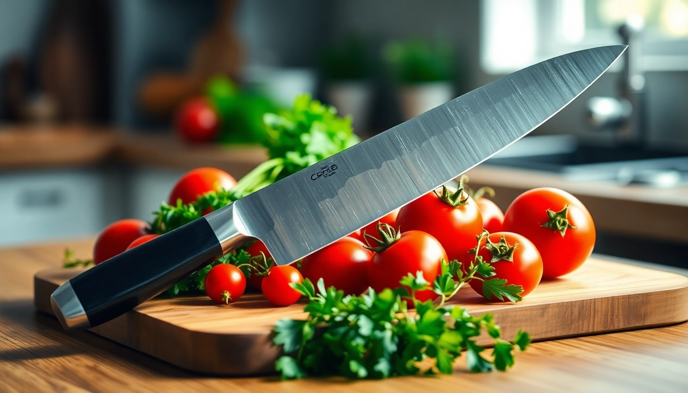 Using a premium quality chef’s knife NZ for chopping vegetables on a wooden board.