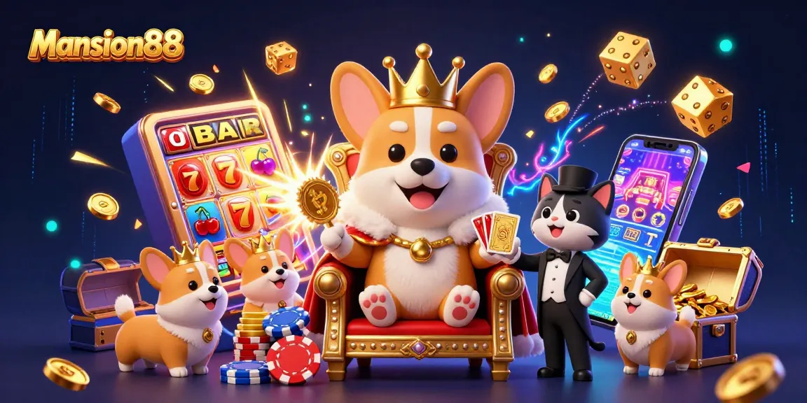 Mansion88 offers thrilling casino experiences, showcased through a vibrant 3D illustration of a royal corgi and gaming elements.