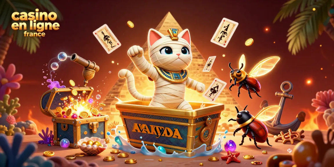 Illustration vivante d'un casino en ligne France avec un chat momie égyptien et des éléments de jeu