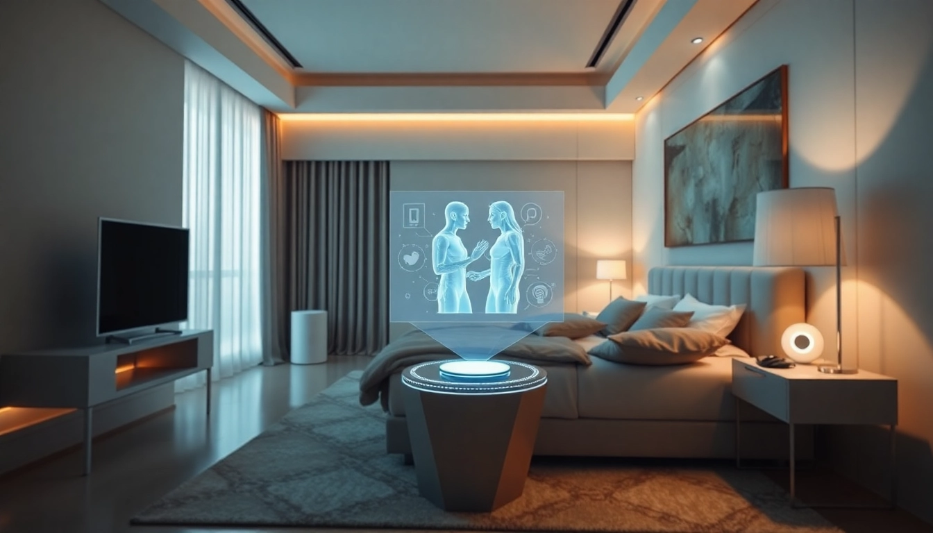 AI sex concept in a futuristic bedroom with advanced technology and intimate atmosphere.
