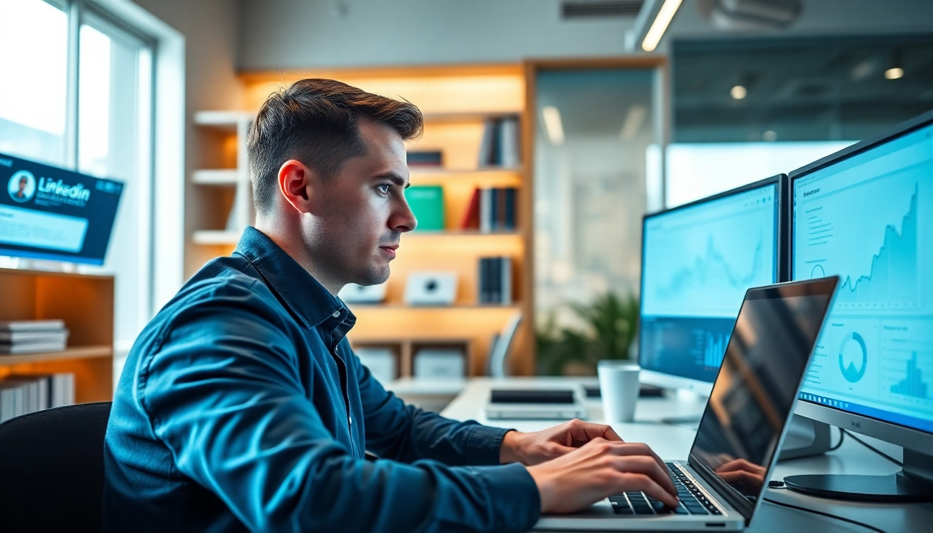 Scrape LinkedIn profiles automatically using advanced technology and data analytics in a modern office.