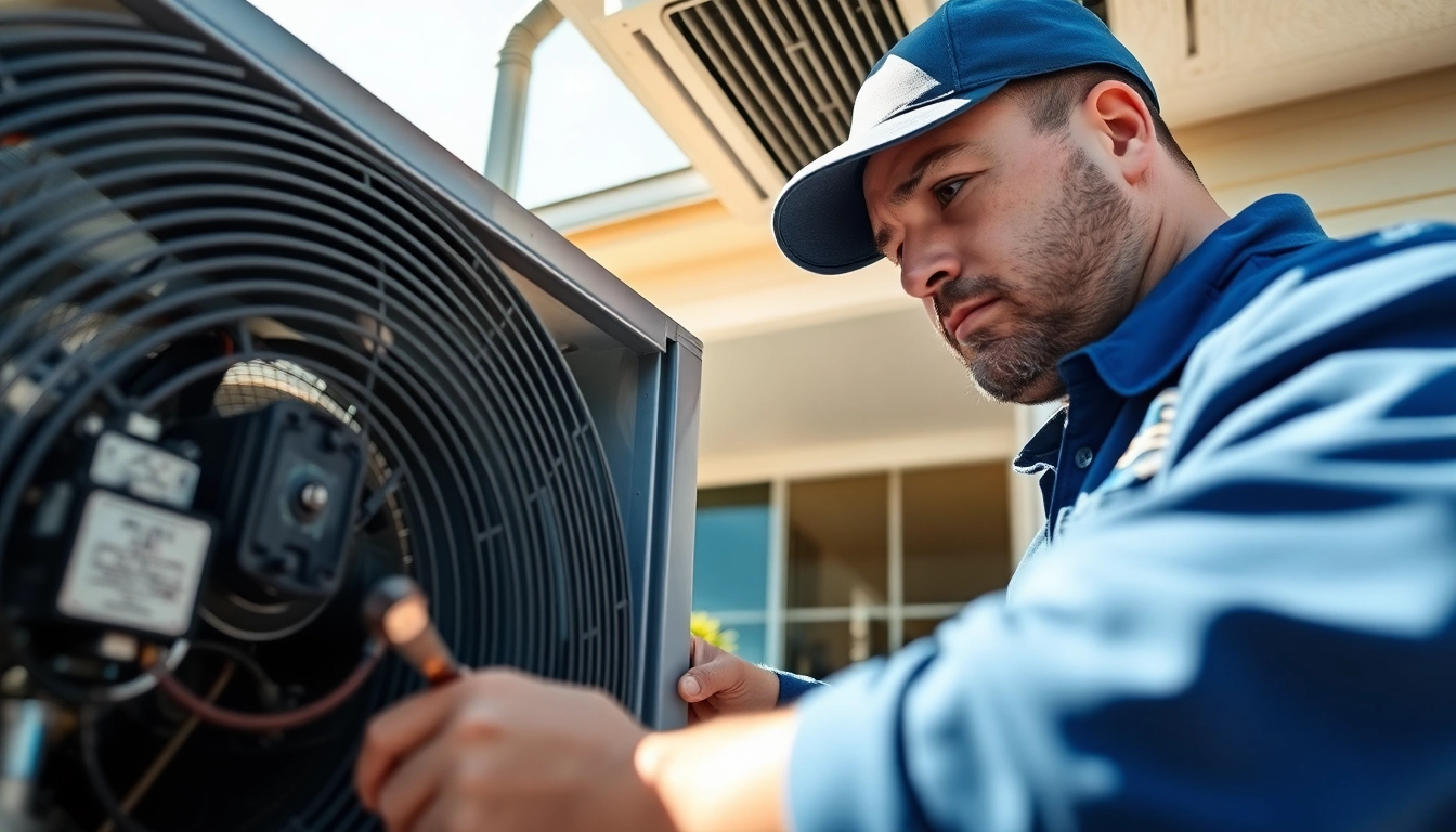 HVAC Repair Tampa technician examines air conditioning unit in a bright residential setting.