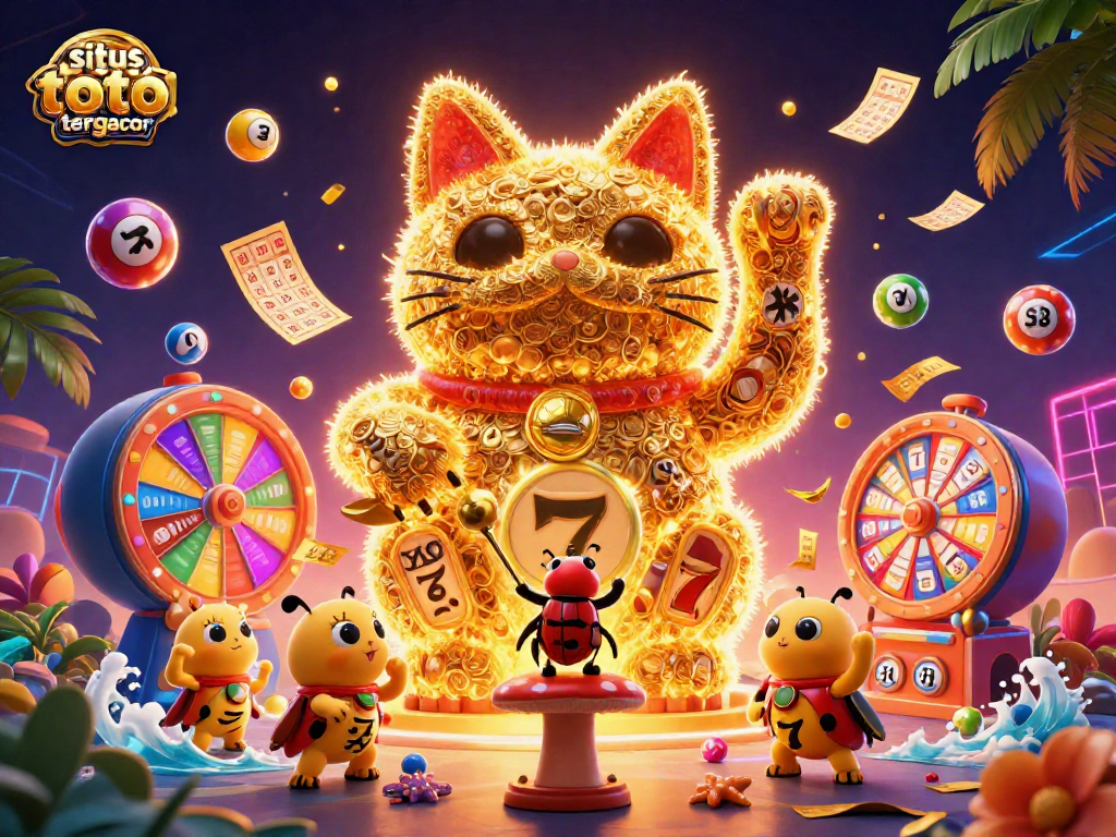 Experience the excitement of situs toto slot tergacor with a vibrant 3D illustration of a lucky cat surrounded by casino symbols.
