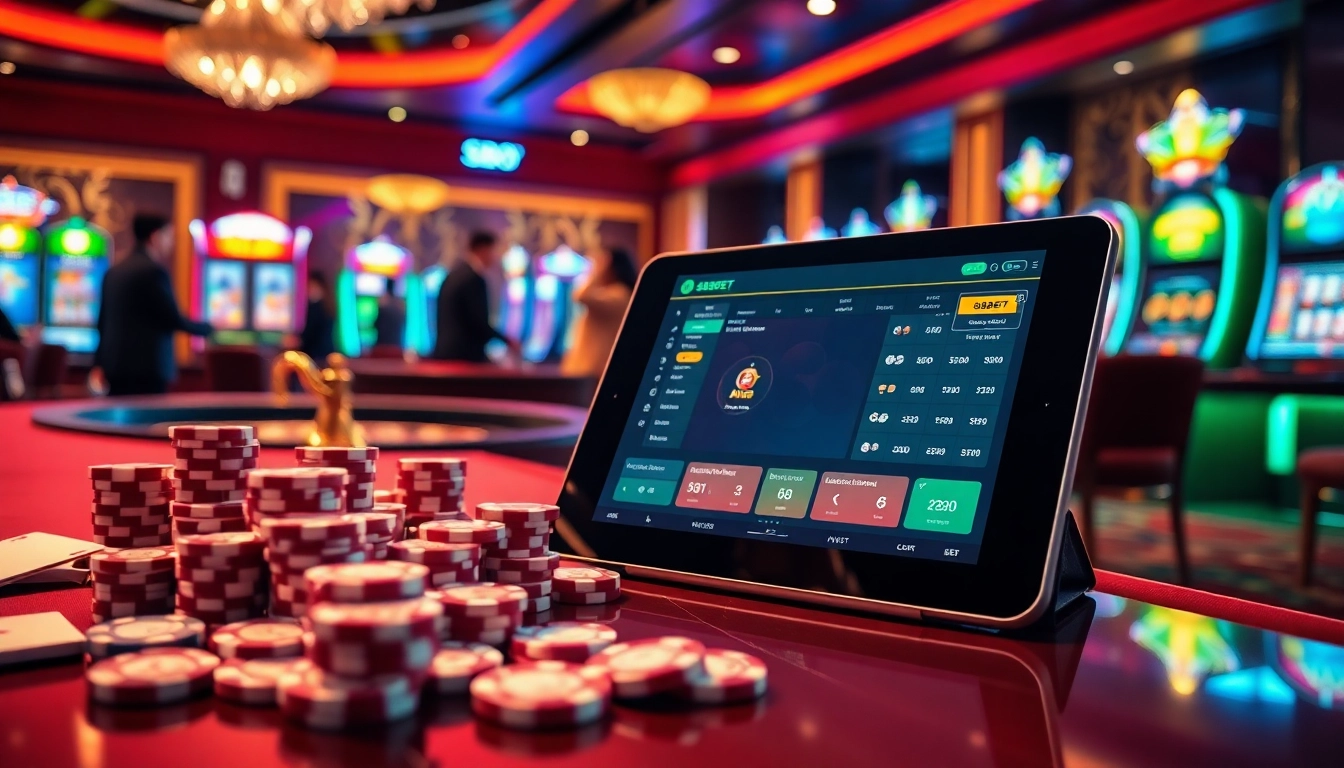 SBOBET betting interface with poker chips and dice in a luxurious casino atmosphere
