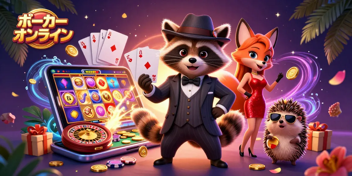 ポーカー オンラインで大勝負するスワガなアライグマのキャラクターと豪華な仲間たちの3Dイラスト。