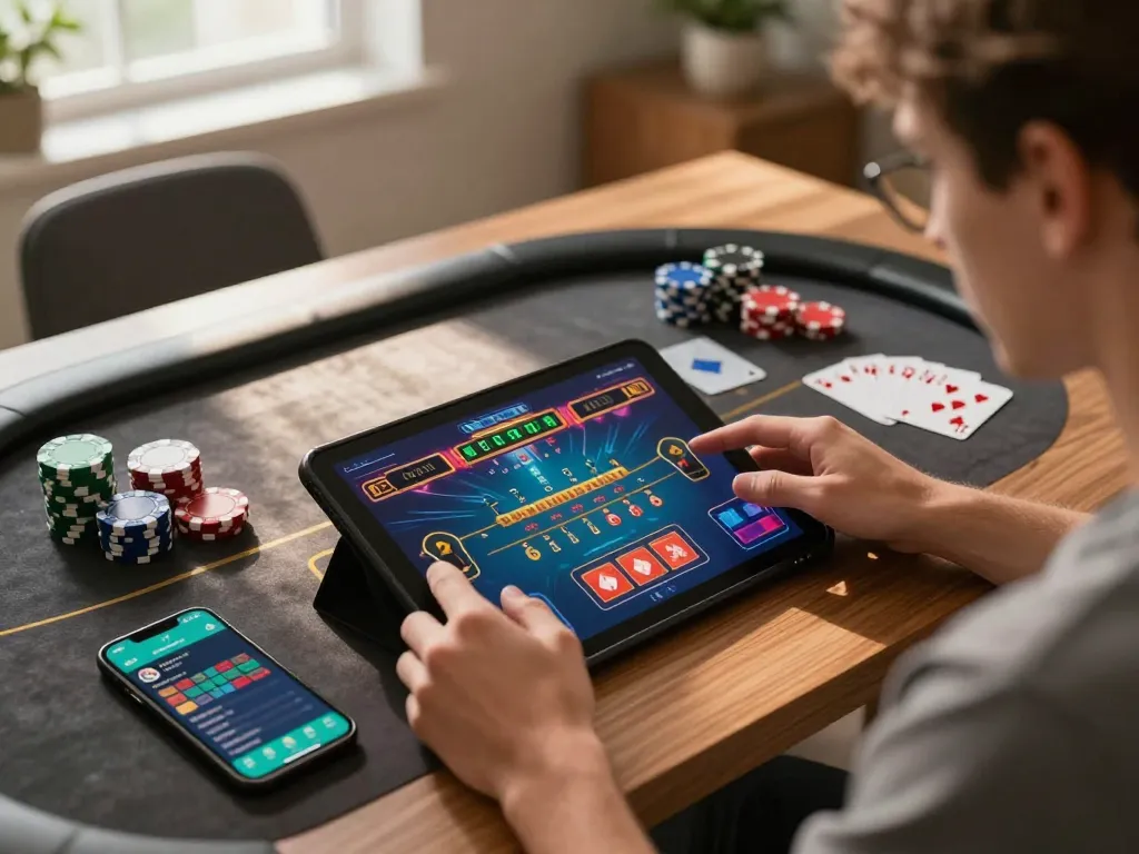 Player engaging in online w 88 casino action using tablet at home with vibrant visuals and strategic focus.