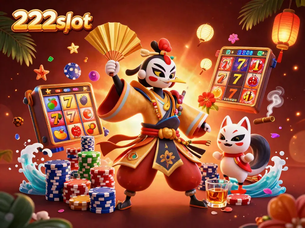 Permainan slot 222slot dengan karakter kabuki dan suasana kasino yang fantastis.