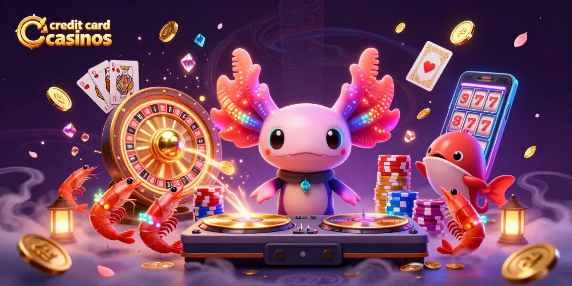 Engage with vibrant credit card casinos featuring neon characters, slots, and dazzling jewels.