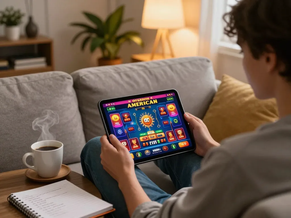 Playing a thrilling game at a casino online americani on a tablet in a cozy home setting