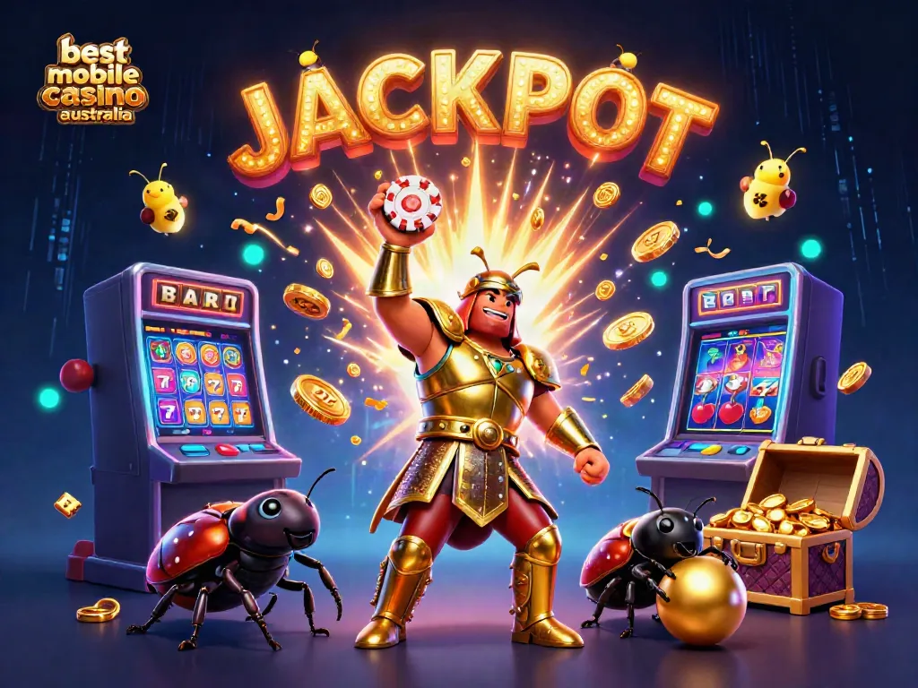 Experience the best mobile casino Australia with a vibrant 3D illustration featuring mythical beetles and casino elements.