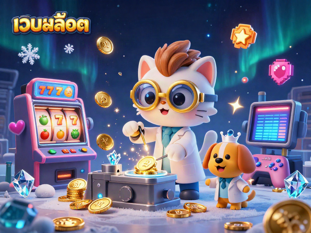 Spin the slot reels with เว็บสล็อต in this vibrant 3D casino illustration showcasing a mad scientist cat.