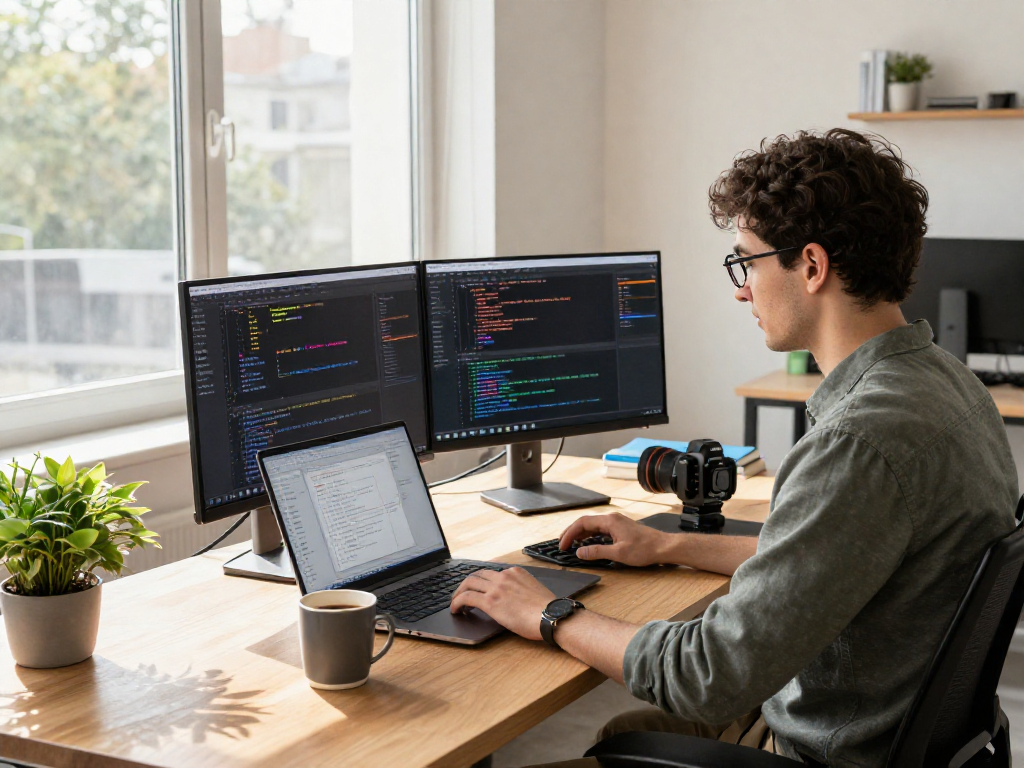 Innovative tech workspace with a developer coding on a dual monitor setup, enhancing productivity with crushon tools.