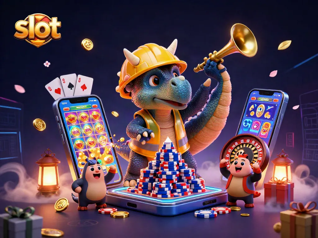 Experience the thrill of slot games with a triceratops building poker chip pyramids and a celebrating parasaurolophus.