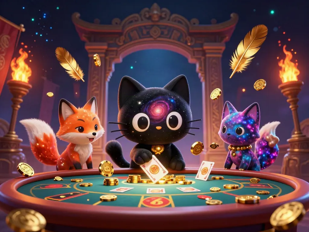 Janda slot: Kucing hitam galaksi dan rubah nebula menarik chip emas di meja kasino.