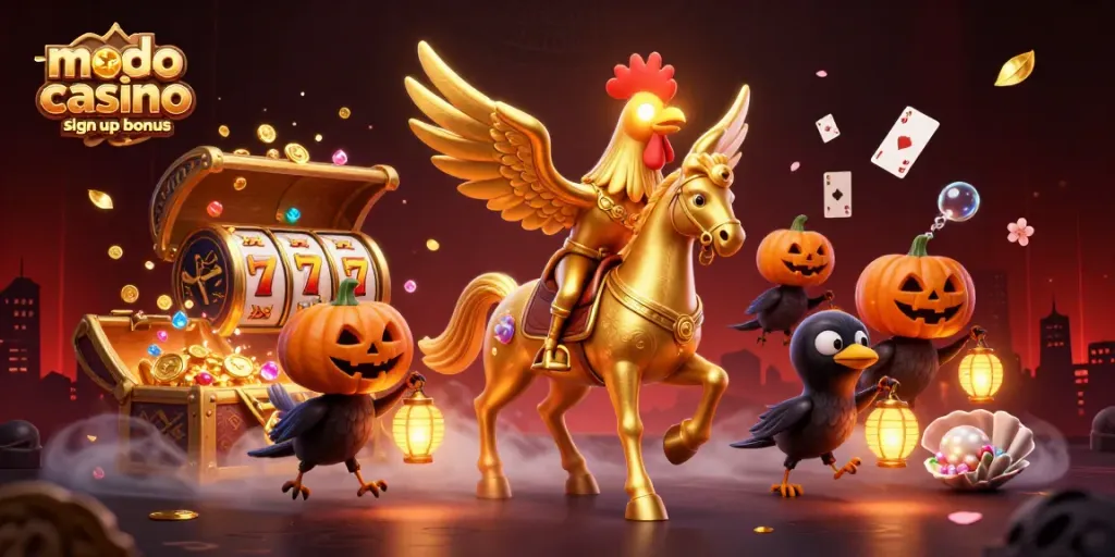 Claim your Modo Casino sign up bonus with a vibrant 3D casino illustration showcasing epic gaming elements.