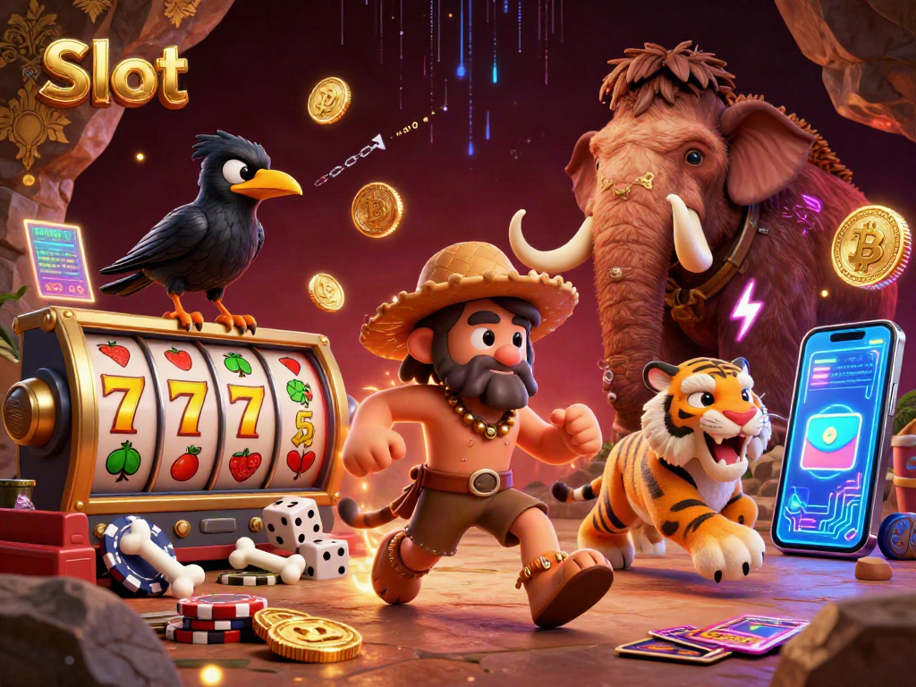 Experience the thrill of Slot gaming with a vibrant prehistoric casino scene featuring unique characters and crypto treasures.