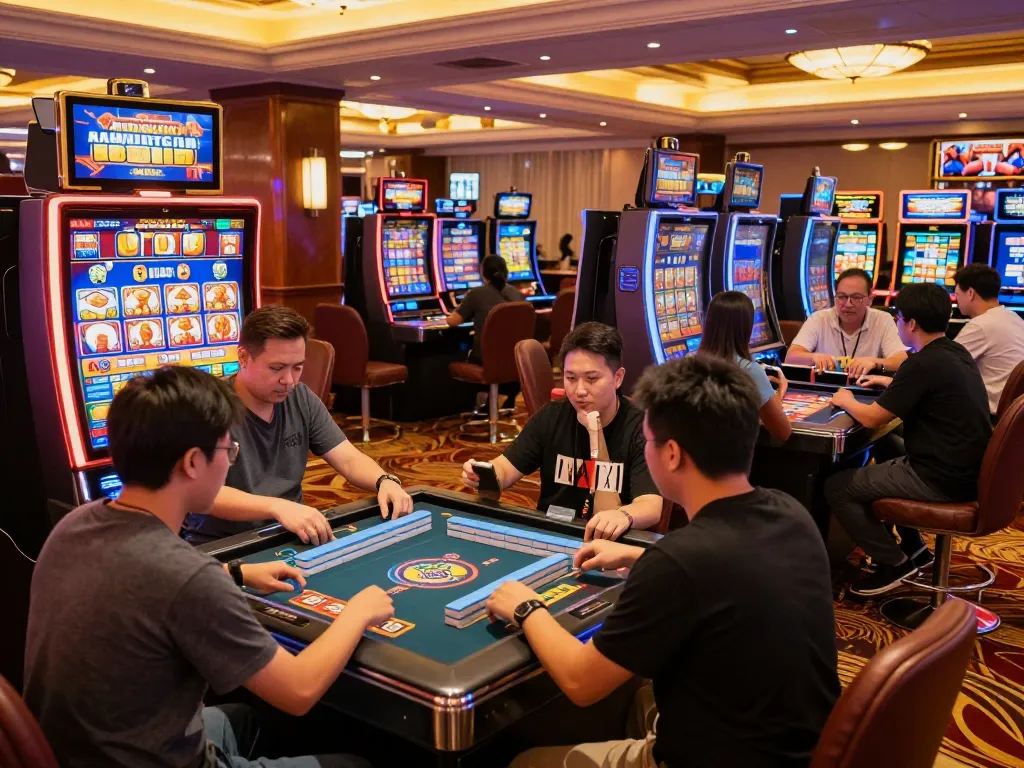 Engaging players celebrating wins at Mahjong Slot machines in a vibrant casino environment.