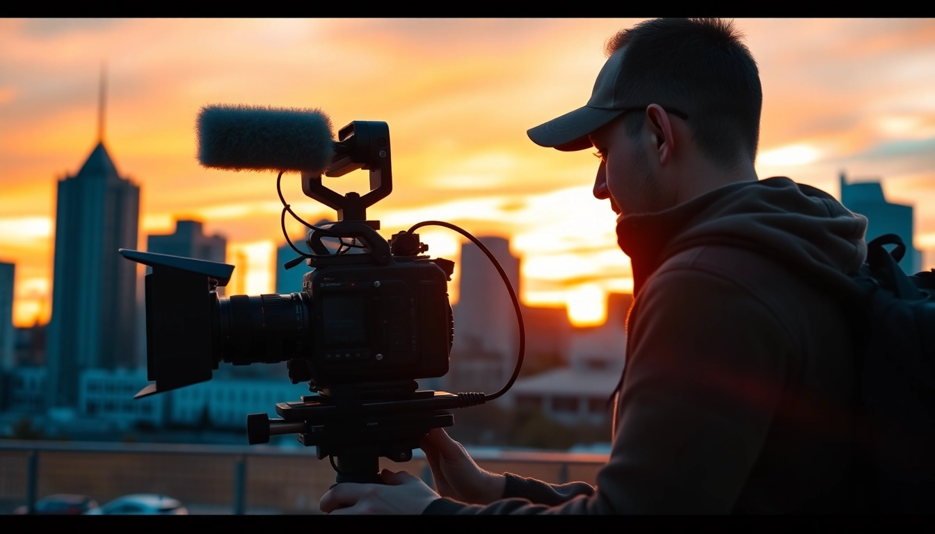 Engaged edmonton videographer capturing footage against Edmonton's skyline.